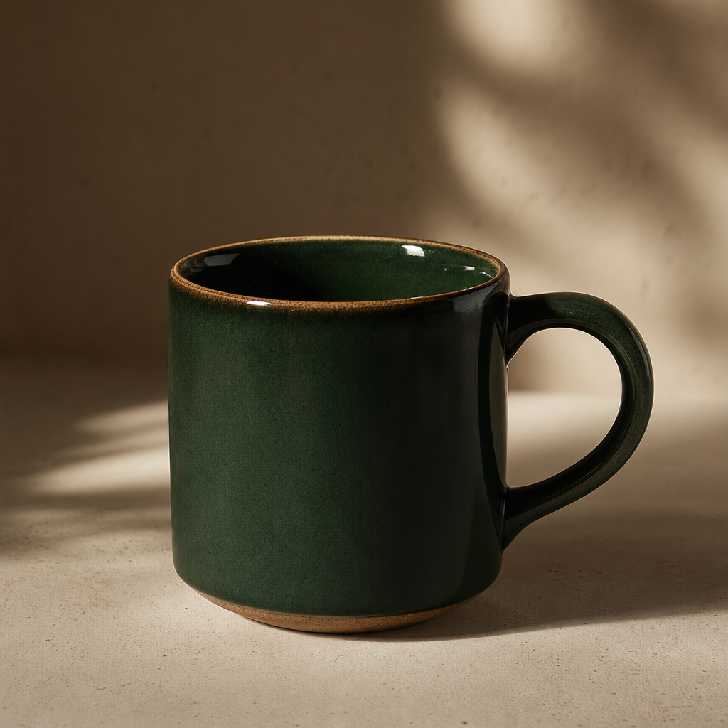 Minimal ceramic mug with deep evergreen glaze, studio product photograph