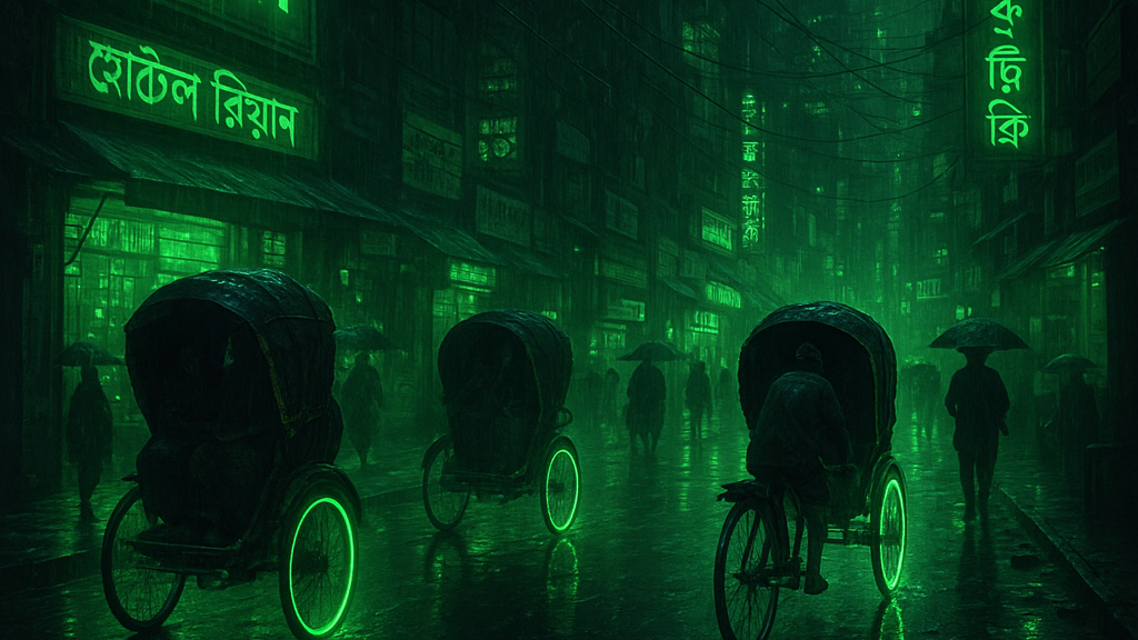 Rain-soaked Dhaka street at night as a cyberpunk city with Bangla neon signs