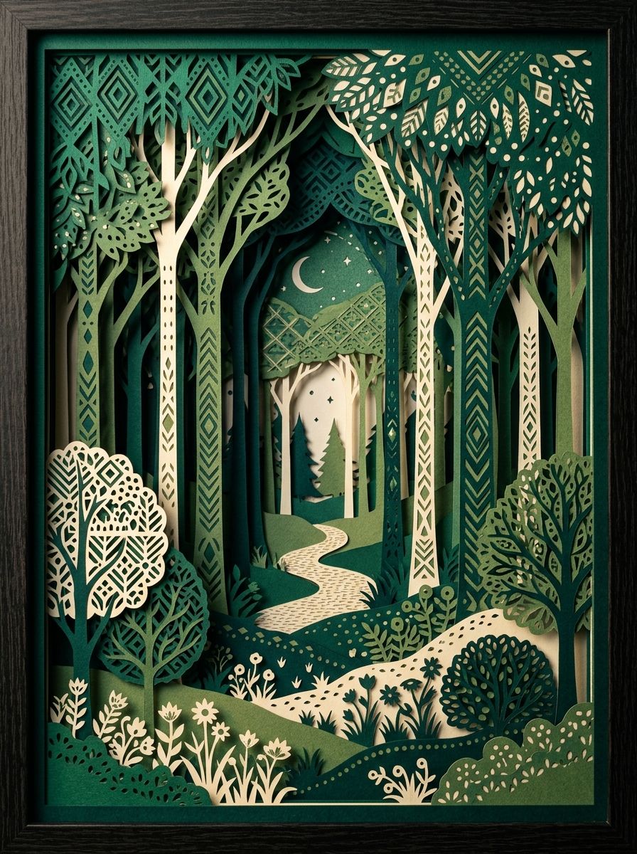 Layered paper-cut forest with jamdani-inspired geometric patterns
