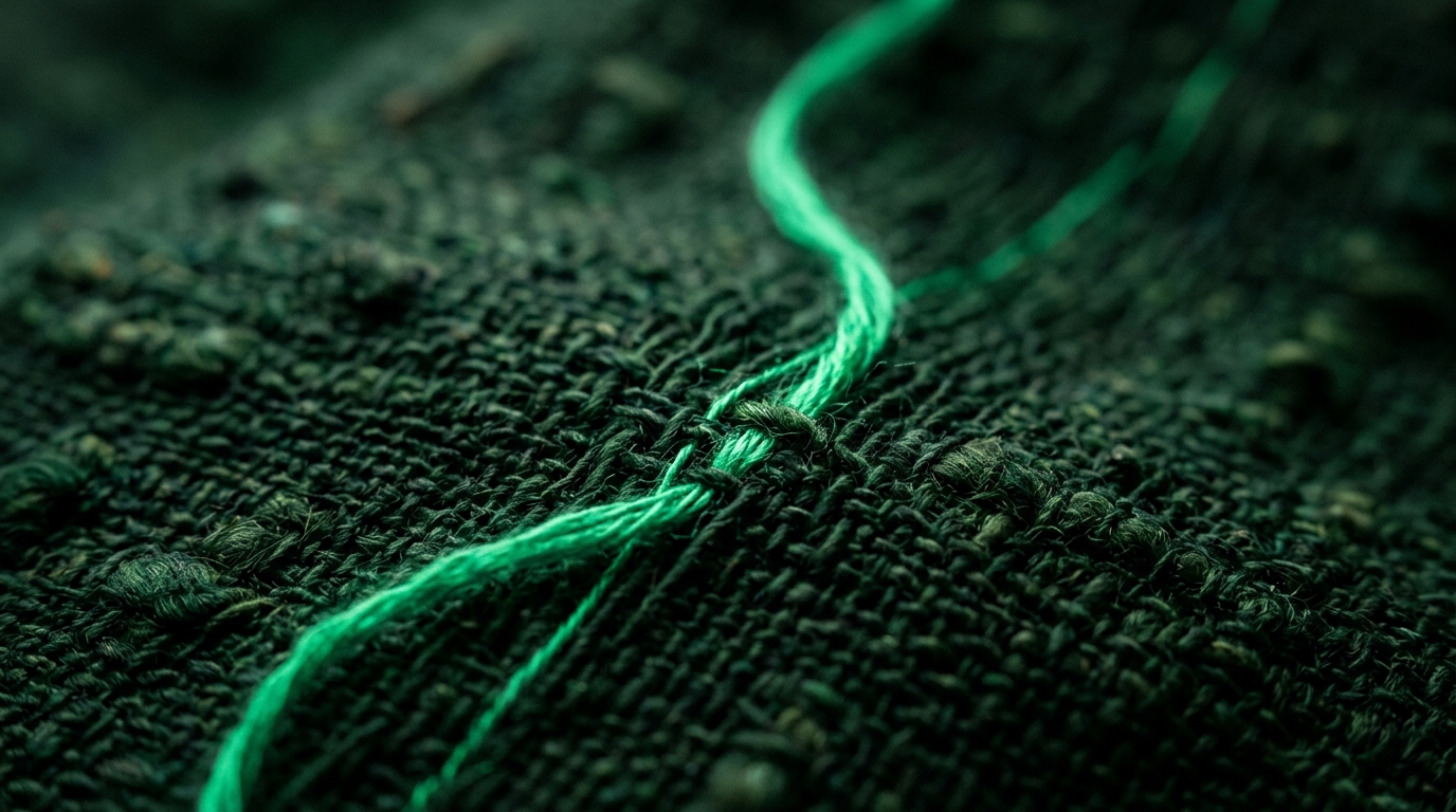 Macro photograph of a luminous green thread woven through evergreen fabric